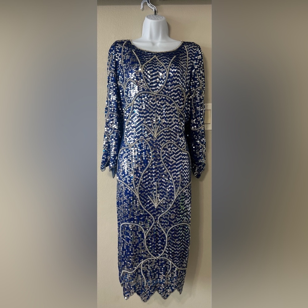 Vintage Blue Sequin Beaded Silk Dress Art Deco Midi Party Formal